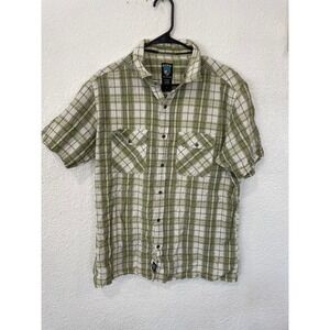 Kuhl Sz L Textured Green Brown White Plaid Short Sleeve Shirt Pocket Hiking flaw